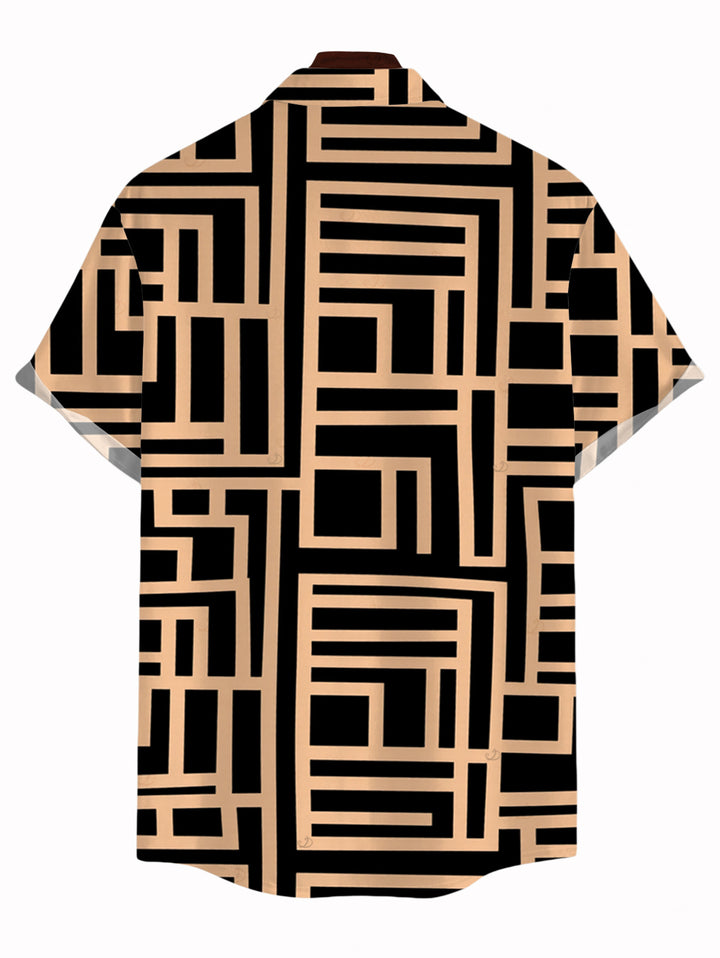 Men's Geometric Interlocking Scroll Print Button Up Vintage Shirt