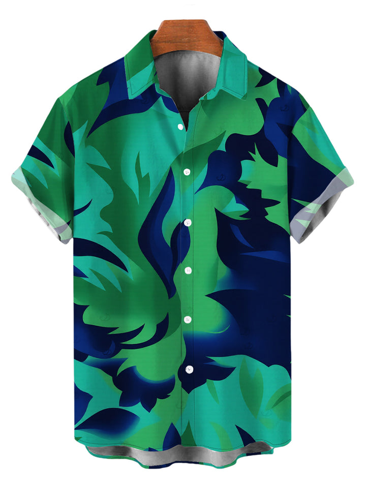 Men's Contrast Color Tropical Leaf Ink Wash Smudge Print Button Up Vacation Shirt