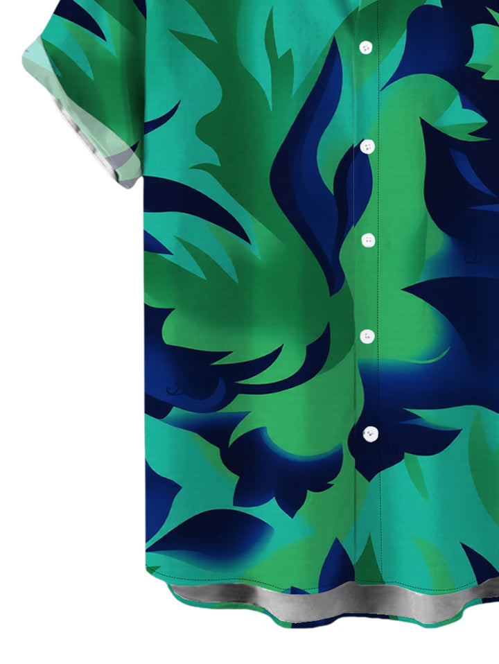 Men's Contrast Color Tropical Leaf Ink Wash Smudge Print Button Up Vacation Shirt