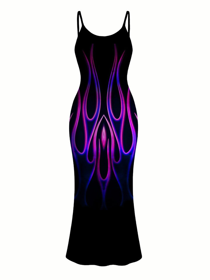 Ombre Flame Print Spaghetti Strap Maxi Bodycon Vacation Dress