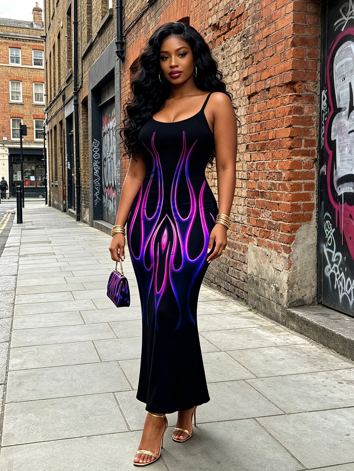 Ombre Flame Print Spaghetti Strap Maxi Bodycon Vacation Dress