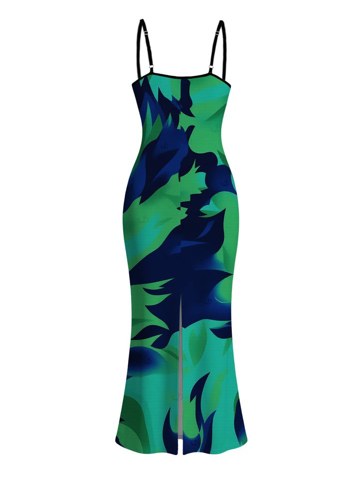 Contrast Color Tropical Leaf Ink Wash Smudge Print Spaghetti Strap Maxi Bodycon Vacation Dress