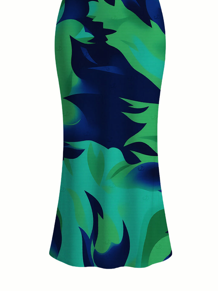 Contrast Color Tropical Leaf Ink Wash Smudge Print Spaghetti Strap Maxi Bodycon Vacation Dress