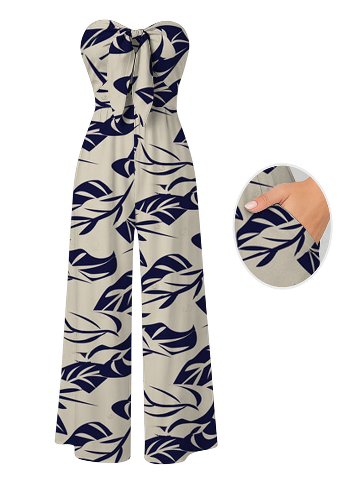 Tropical Leaf Print Pocket Bowknot Off the Shoulder Vintage Hawaiian Jumpsuit