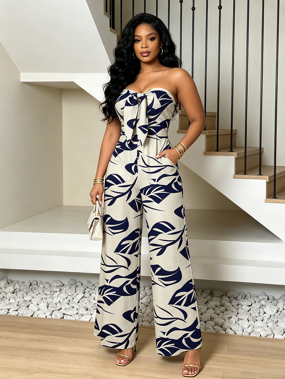 Tropical Leaf Print Pocket Bowknot Off the Shoulder Vintage Hawaiian Jumpsuit