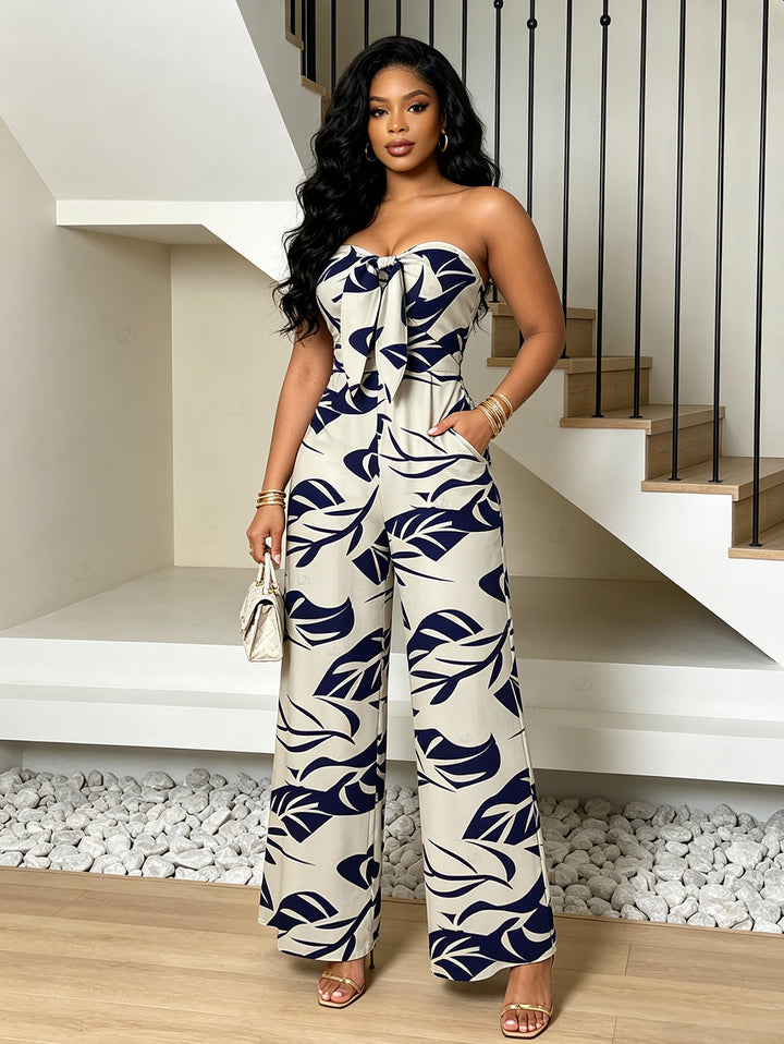Tropical Leaf Print Pocket Bowknot Off the Shoulder Vintage Hawaiian Jumpsuit
