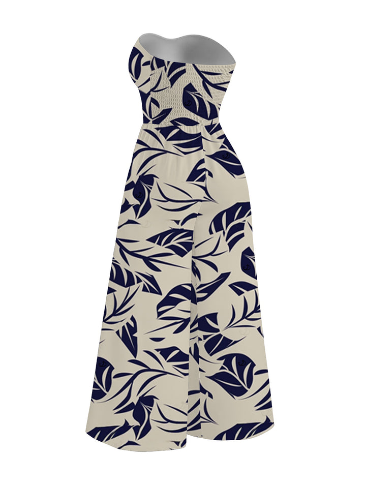 Tropical Leaf Print Pocket Bowknot Off the Shoulder Vintage Hawaiian Jumpsuit