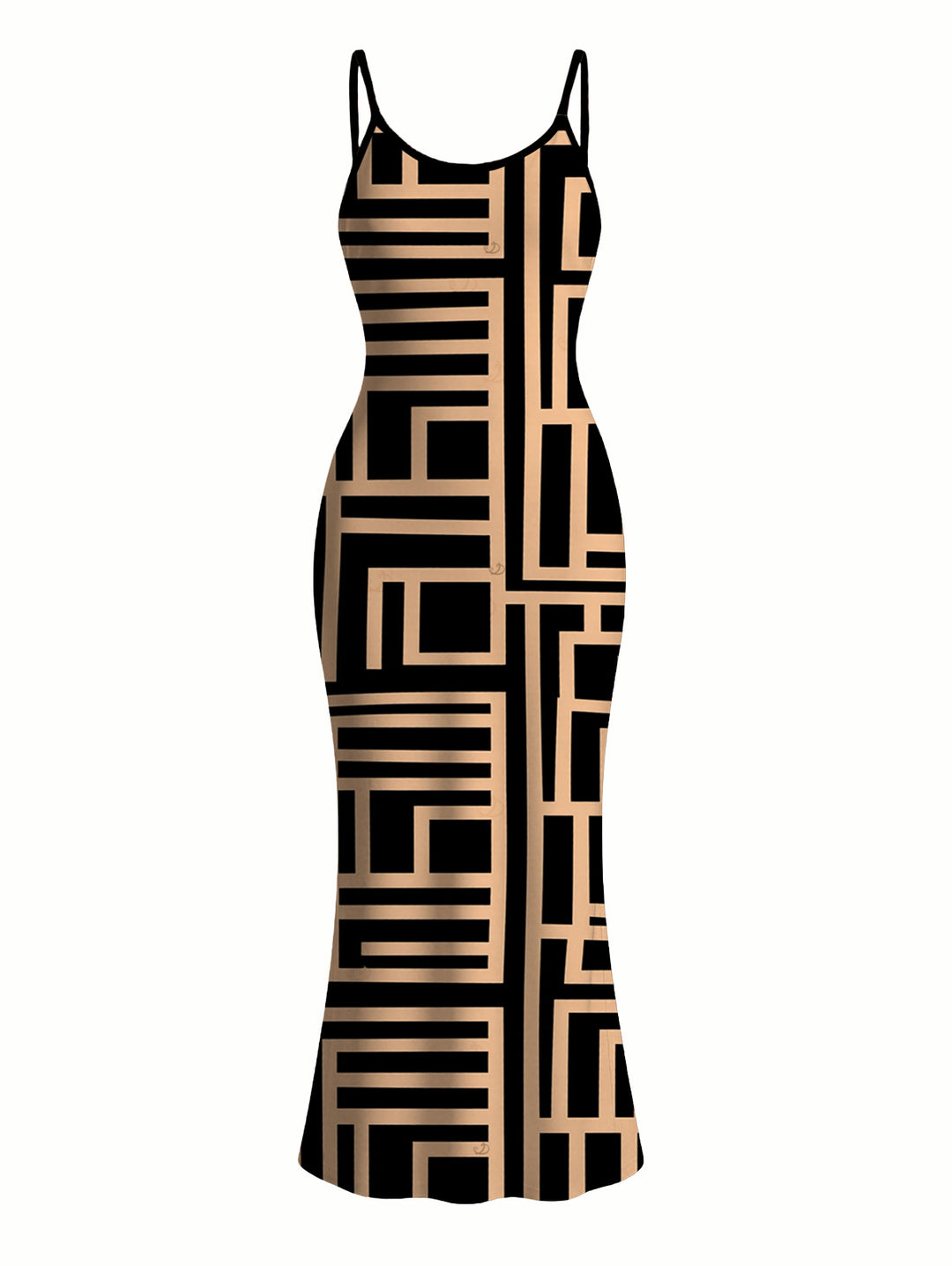 Geometric Interlocking Scroll Print Spaghetti Strap Maxi Bodycon Vintage Dress