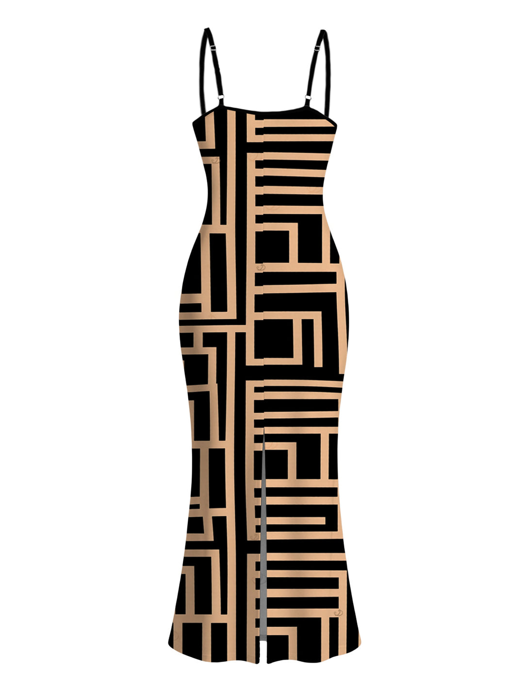 Geometric Interlocking Scroll Print Spaghetti Strap Maxi Bodycon Vintage Dress
