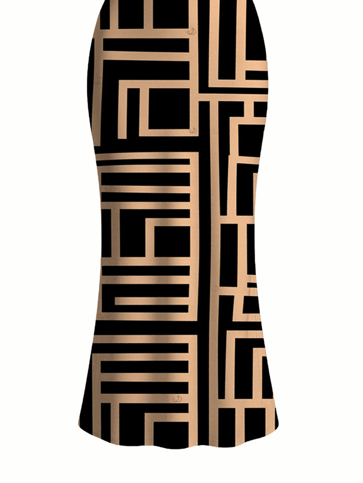 Geometric Interlocking Scroll Print Spaghetti Strap Maxi Bodycon Vintage Dress