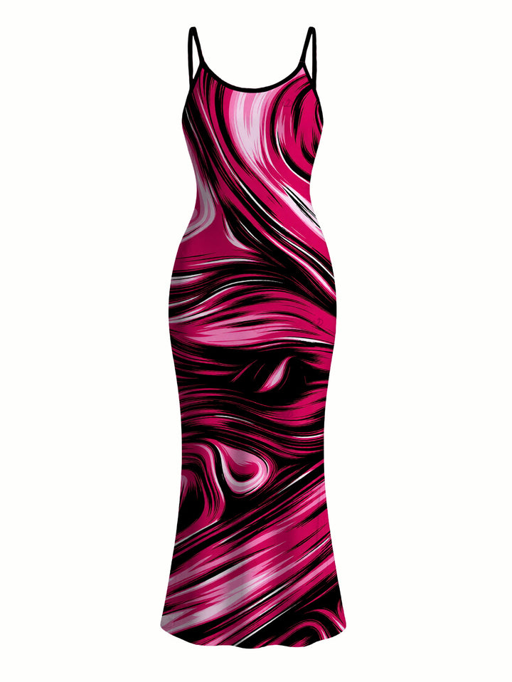Colorblock Fluid Swirl Print Spaghetti Strap Maxi Bodycon Vacation Dress