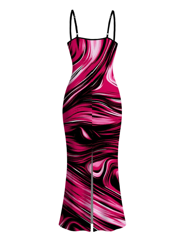 Colorblock Fluid Swirl Print Spaghetti Strap Maxi Bodycon Vacation Dress