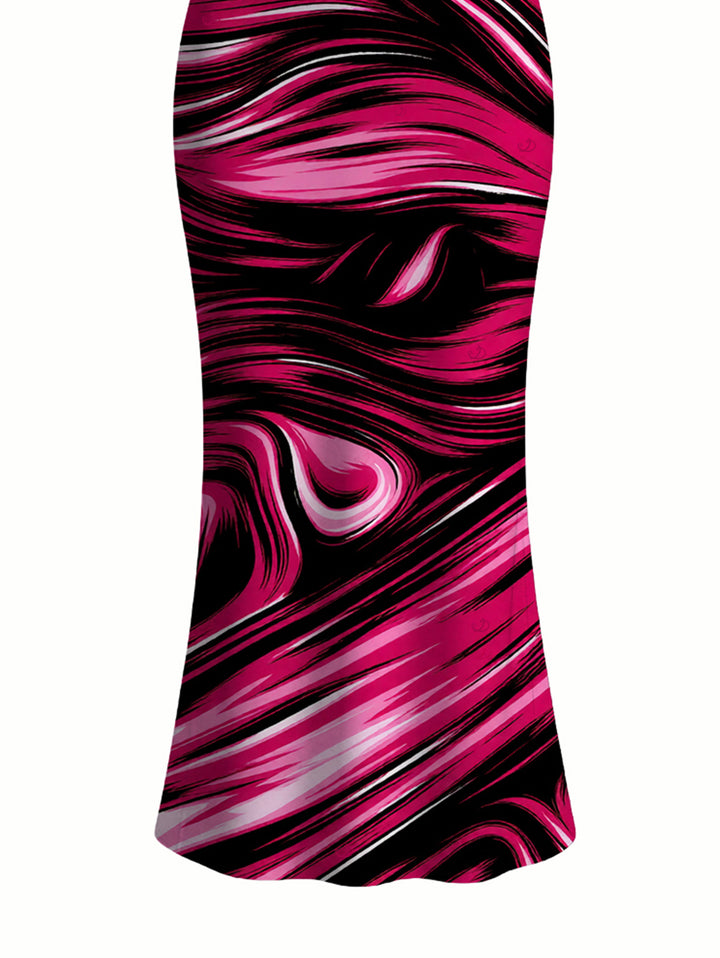 Colorblock Fluid Swirl Print Spaghetti Strap Maxi Bodycon Vacation Dress