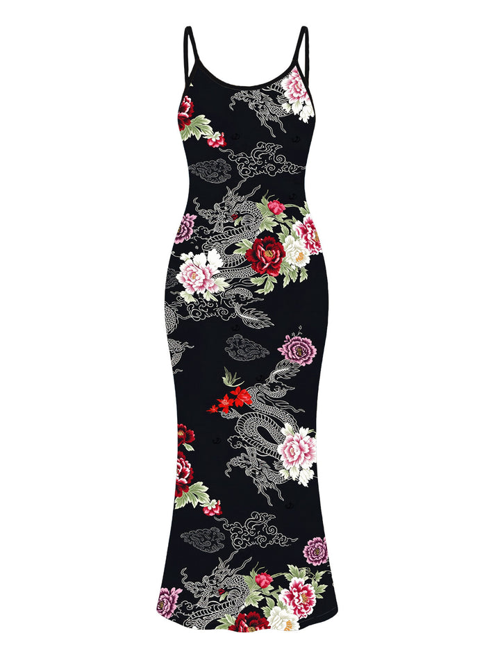 Chinese Style Shimmer Dragon Cloud Peony Floral Print Spaghetti Strap Maxi Bodycon Vacation Dress