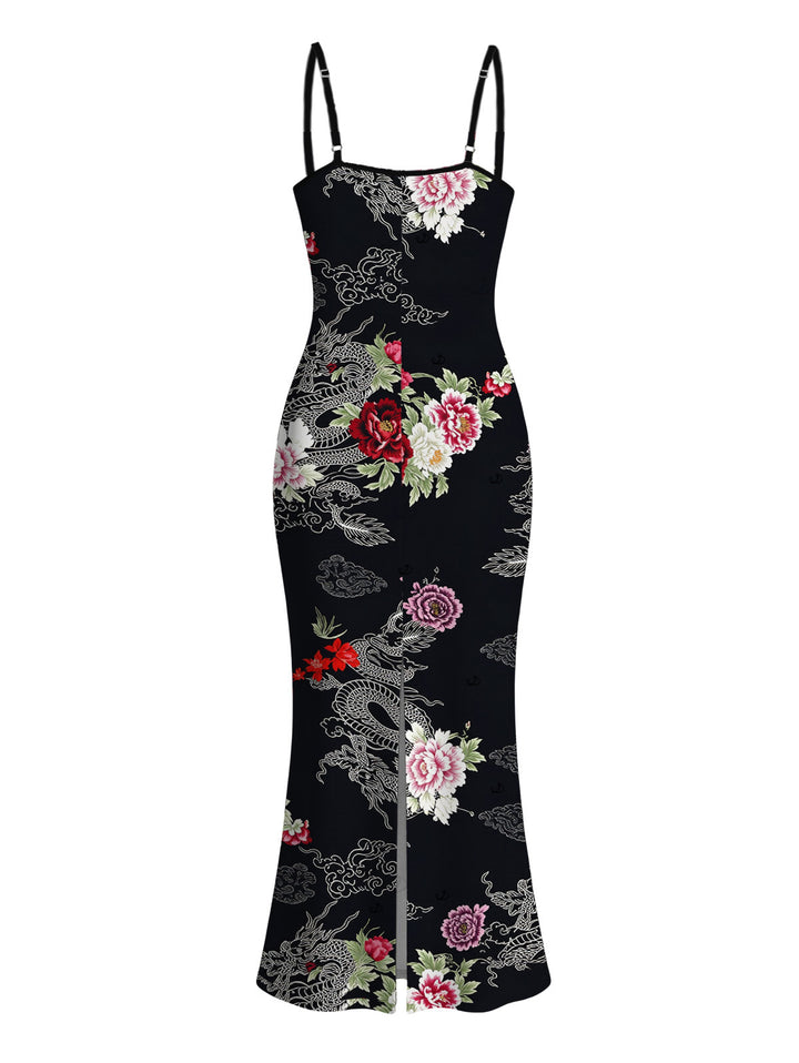 Chinese Style Shimmer Dragon Cloud Peony Floral Print Spaghetti Strap Maxi Bodycon Vacation Dress