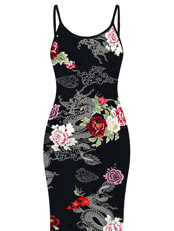 Chinese Style Shimmer Dragon Cloud Peony Floral Print Spaghetti Strap Maxi Bodycon Vacation Dress