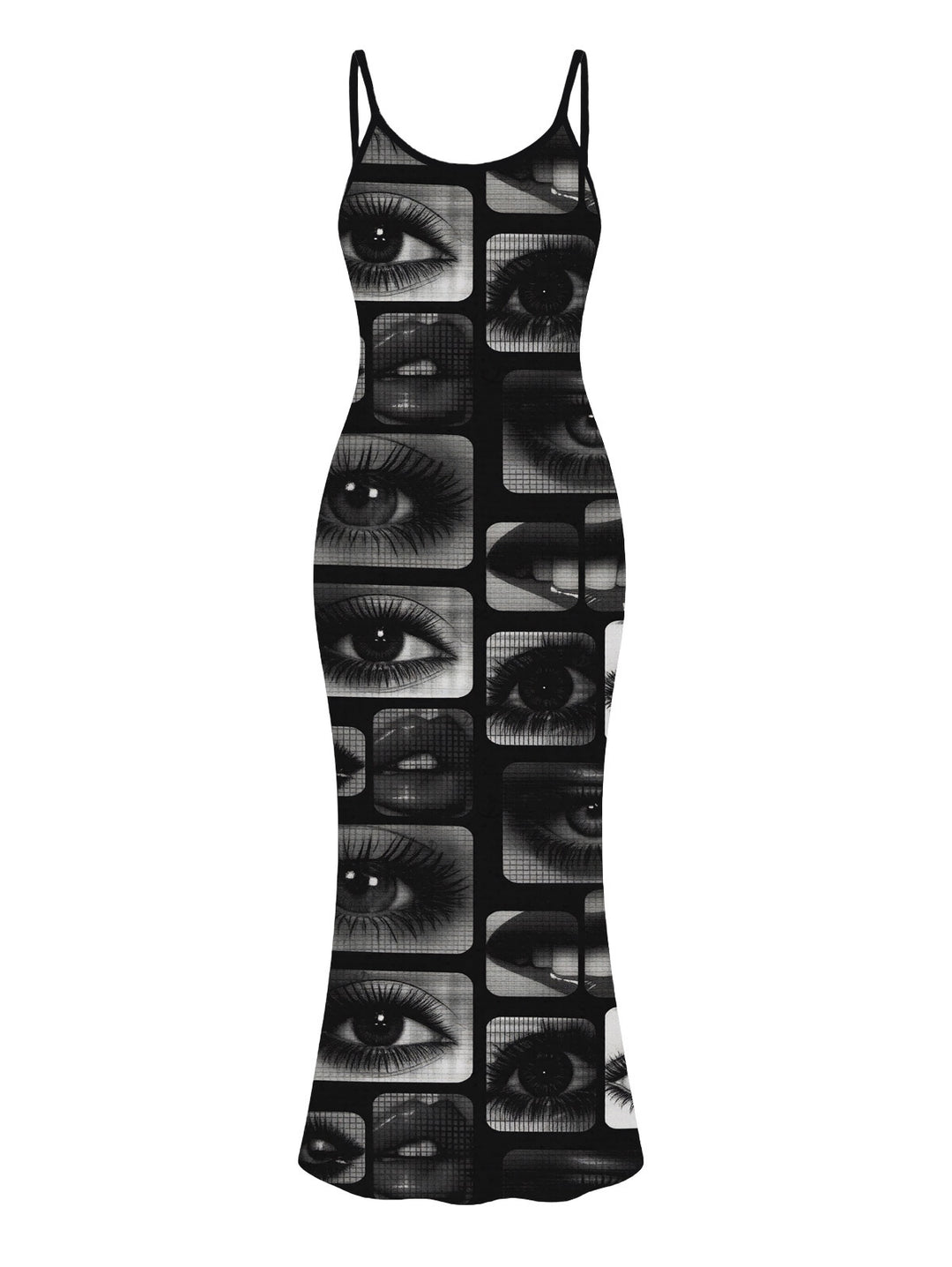 Eyes Lips Collage Patchwork Print Spaghetti Strap Maxi Bodycon Gothic Dress