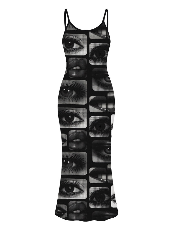 Eyes Lips Collage Patchwork Print Spaghetti Strap Maxi Bodycon Gothic Dress