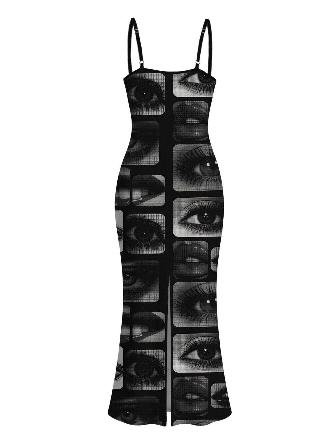 Eyes Lips Collage Patchwork Print Spaghetti Strap Maxi Bodycon Gothic Dress