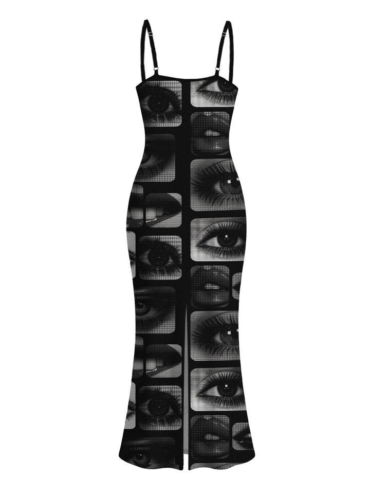 Eyes Lips Collage Patchwork Print Spaghetti Strap Maxi Bodycon Gothic Dress