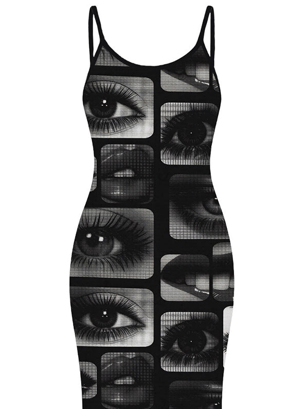 Eyes Lips Collage Patchwork Print Spaghetti Strap Maxi Bodycon Gothic Dress