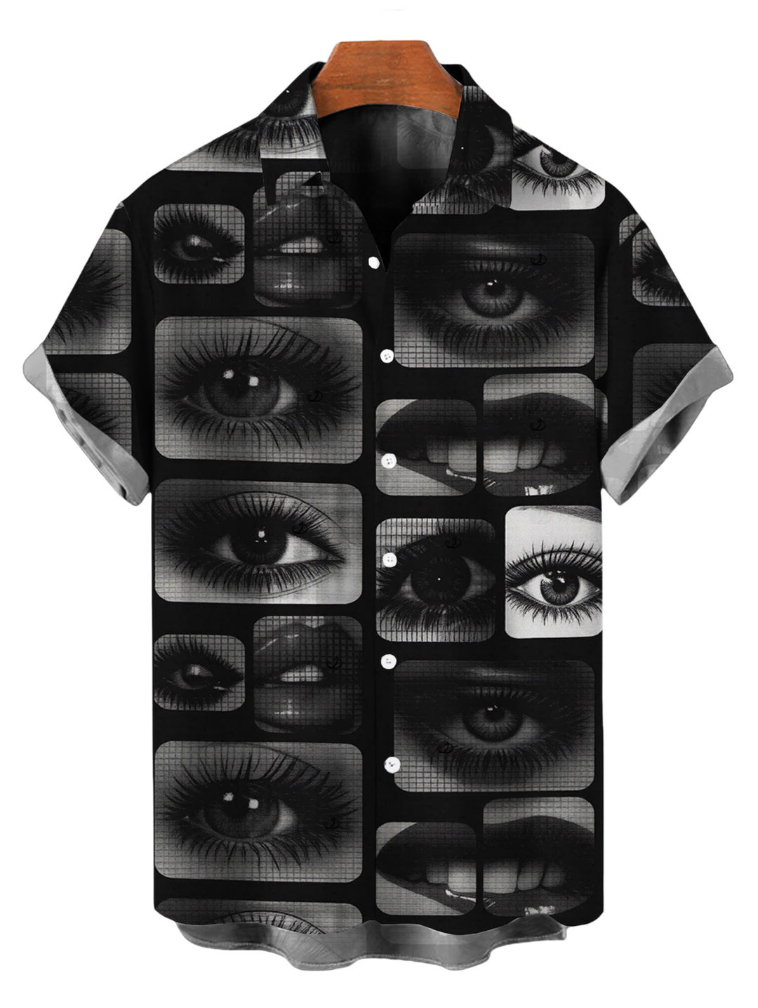 Men's Eyes Lips Checkered Collage Patchwork Print Button Up Gothic Shirt