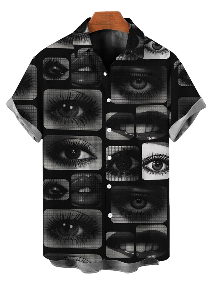 Men's Eyes Lips Checkered Collage Patchwork Print Button Up Gothic Shirt