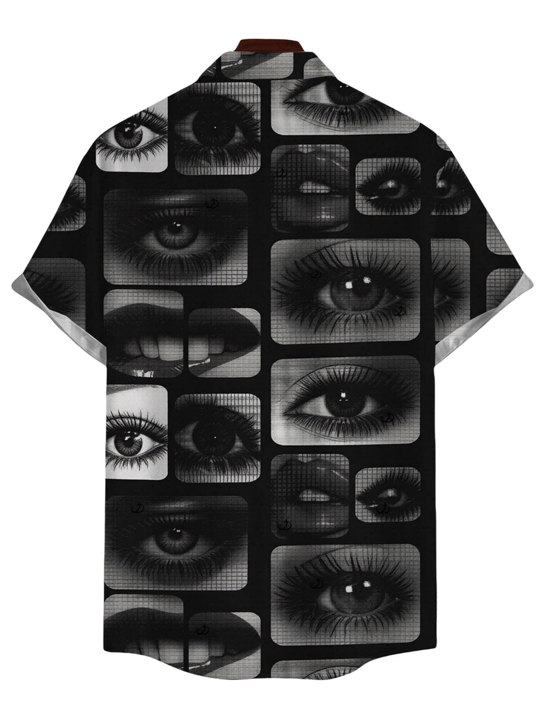 Men's Eyes Lips Checkered Collage Patchwork Print Button Up Gothic Shirt
