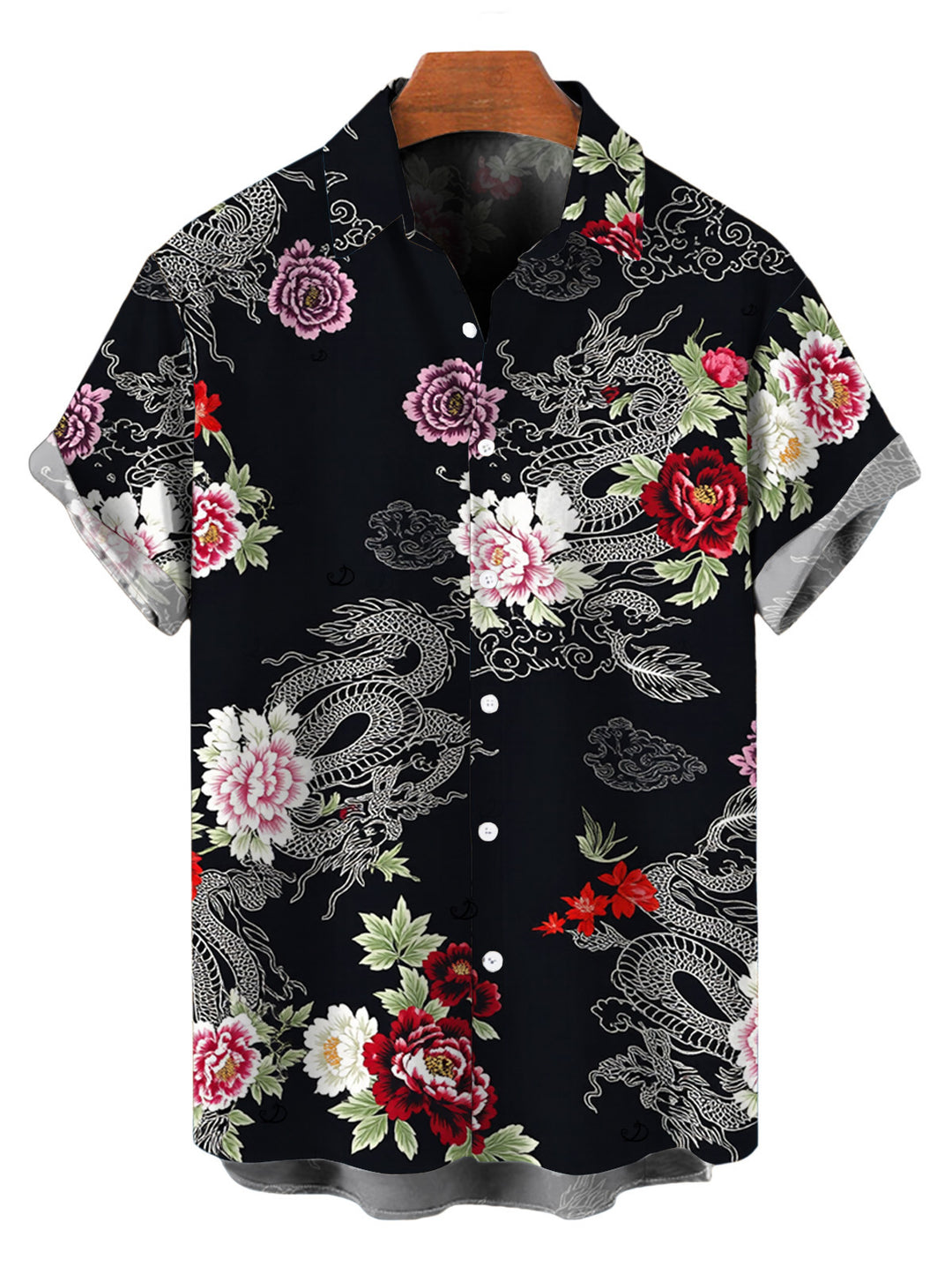 Men's Chinese Style Shimmer Dragon Cloud Peony Floral Print Button Up Vacation Shirt