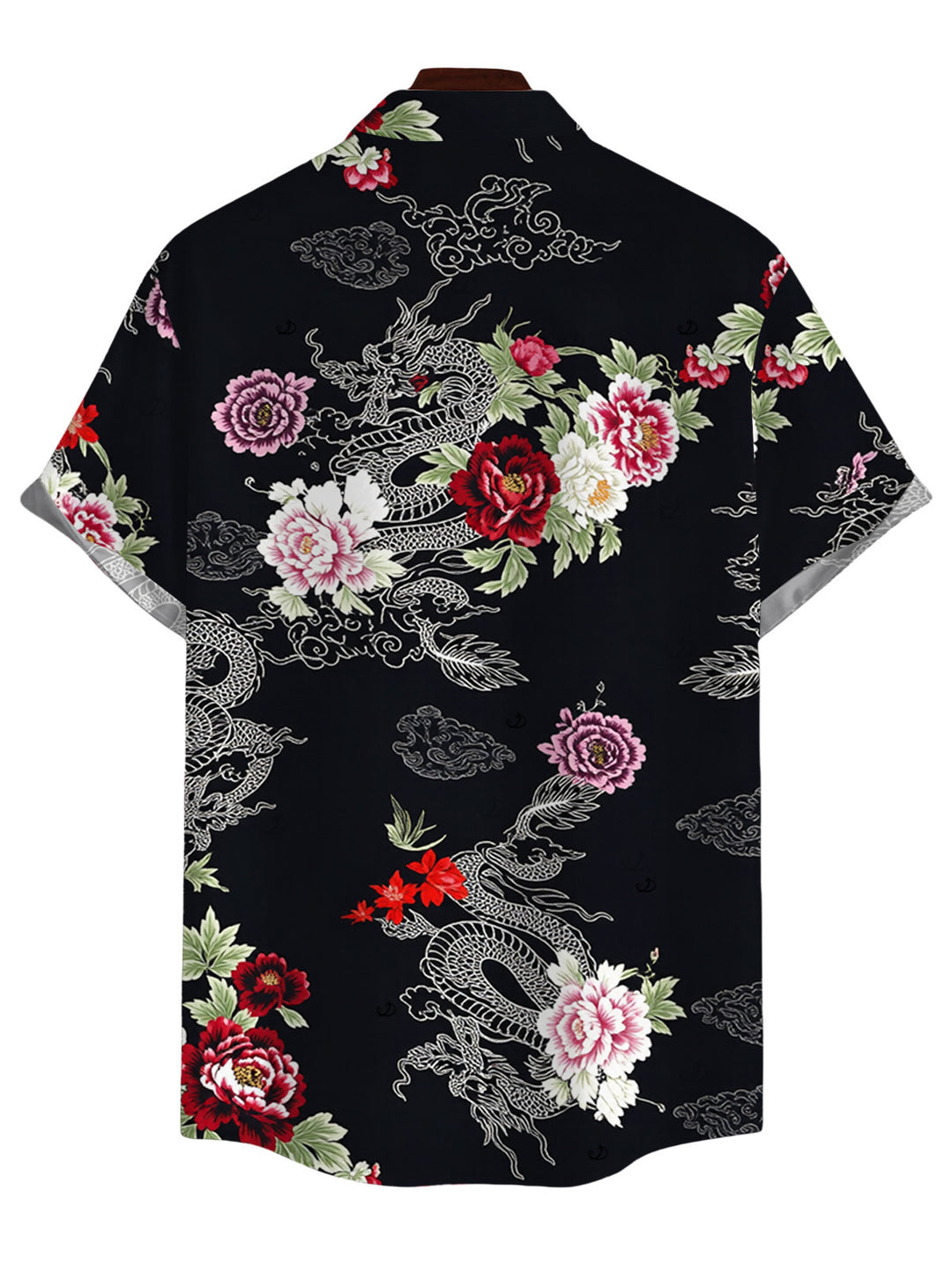 Men's Chinese Style Shimmer Dragon Cloud Peony Floral Print Button Up Vacation Shirt