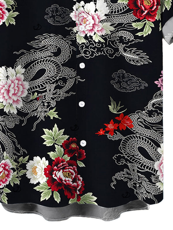 Men's Chinese Style Shimmer Dragon Cloud Peony Floral Print Button Up Vacation Shirt