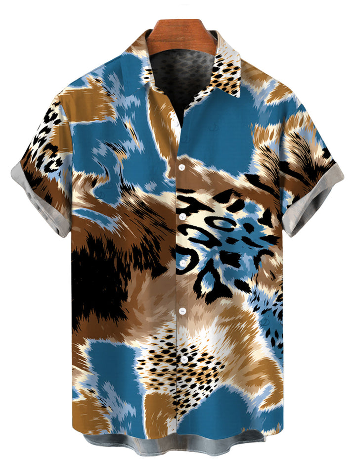 Men's Colorblock Leopard Print Button Up Vacation Shirt