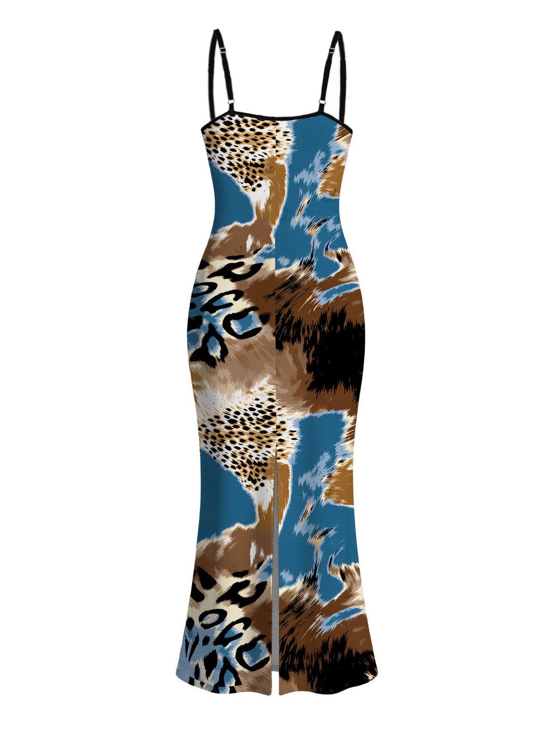 Colorblock Leopard Print Spaghetti Strap Maxi Bodycon Vacation Dress