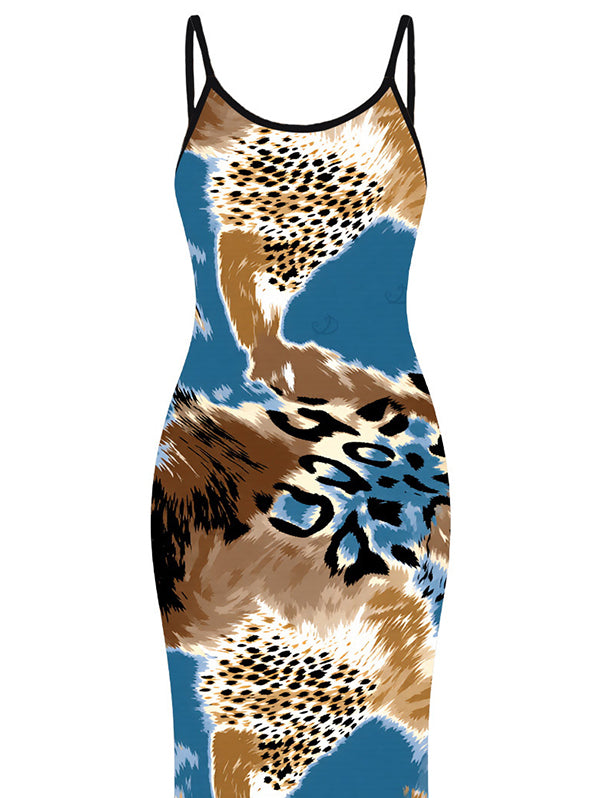 Colorblock Leopard Print Spaghetti Strap Maxi Bodycon Vacation Dress