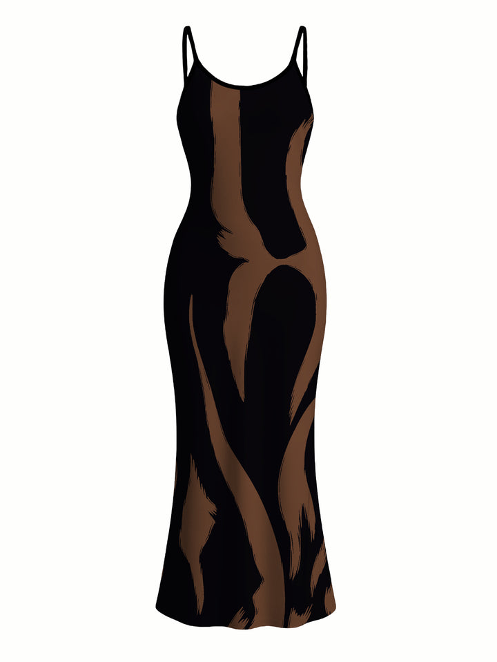 Contrast Color Ink Wash Irregular Brush Stroke Print Spaghetti Strap Bodycon Vacation Dress