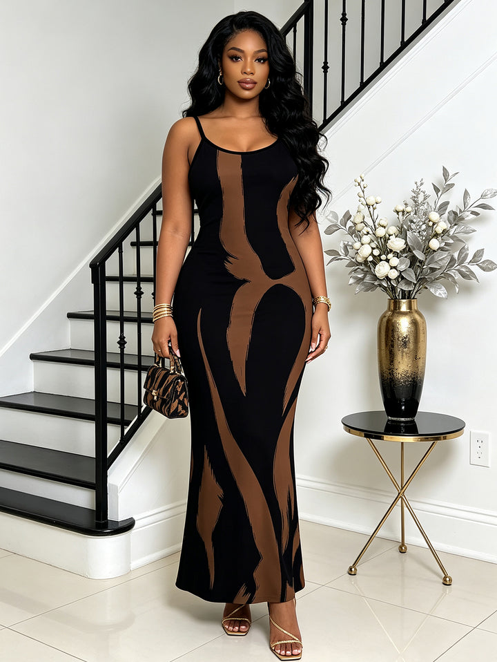 Contrast Color Ink Wash Irregular Brush Stroke Print Spaghetti Strap Bodycon Vacation Dress