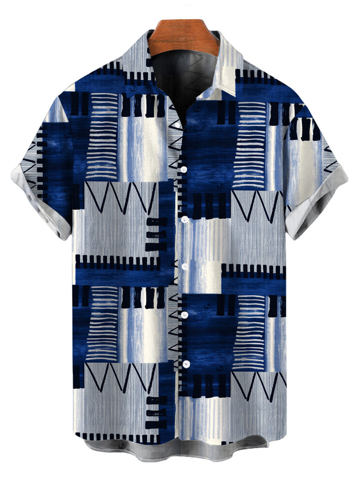 Men's Geometric Tribal Print Zig Zag Patchwork Print Button Up Vacation Shirt