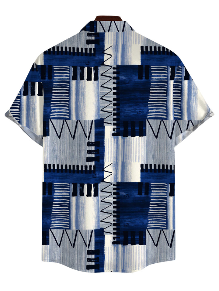 Men's Geometric Tribal Print Zig Zag Patchwork Print Button Up Vacation Shirt