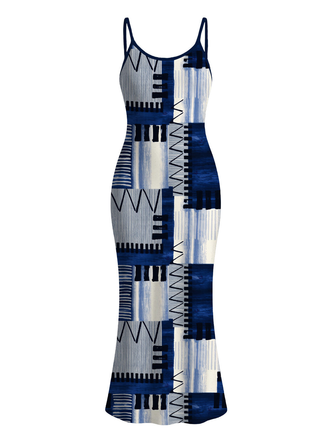 Geometric Tribal Print Zig Zag Patchwork Print Spaghetti Strap Maxi Bodycon Vacation Dress