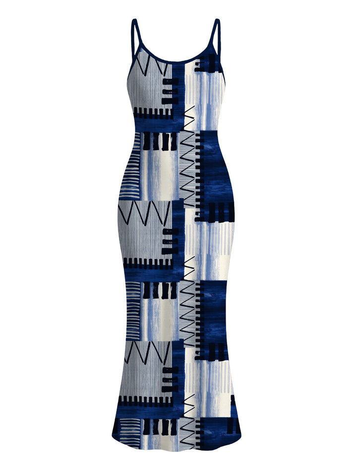 Geometric Tribal Print Zig Zag Patchwork Print Spaghetti Strap Maxi Bodycon Vacation Dress