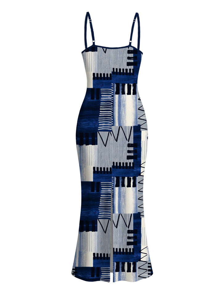 Geometric Tribal Print Zig Zag Patchwork Print Spaghetti Strap Maxi Bodycon Vacation Dress