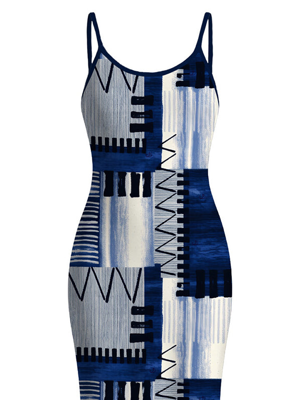 Geometric Tribal Print Zig Zag Patchwork Print Spaghetti Strap Maxi Bodycon Vacation Dress