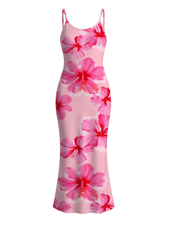 Hibiscus Floral Print Spaghetti Strap Maxi Bodycon Vacation Dress