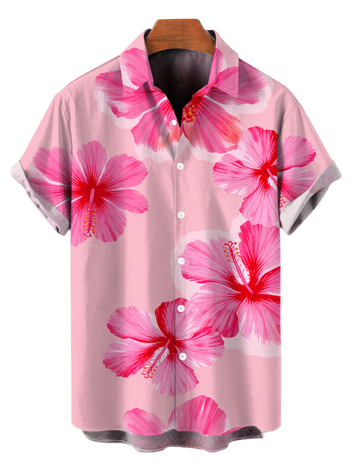 Men's Hibiscus Floral Print Button Up Vacation Shirt