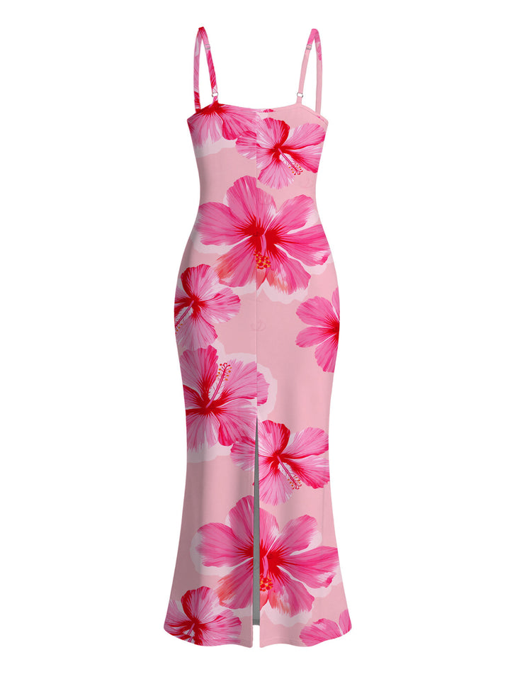 Hibiscus Floral Print Spaghetti Strap Maxi Bodycon Vacation Dress