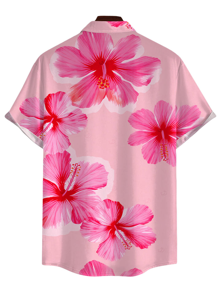 Men's Hibiscus Floral Print Button Up Vacation Shirt
