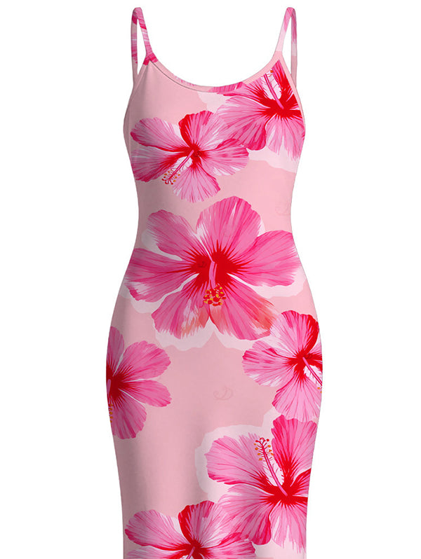 Hibiscus Floral Print Spaghetti Strap Maxi Bodycon Vacation Dress