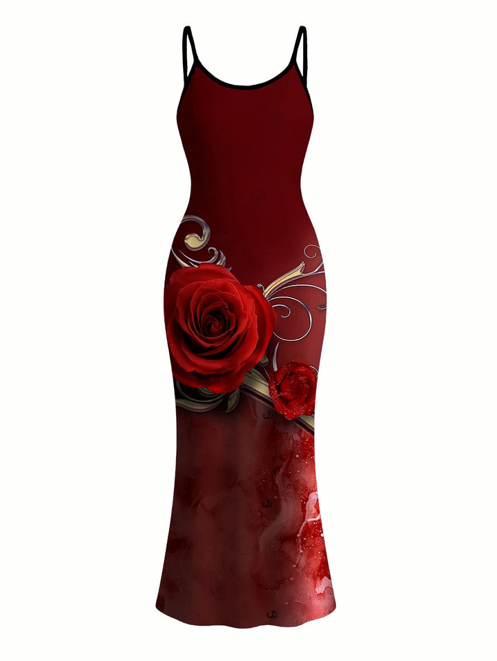 Rose Floral Metallic Gold Scroll Vine Print Spaghetti Strap Maxi Bodycon Vacation Dress