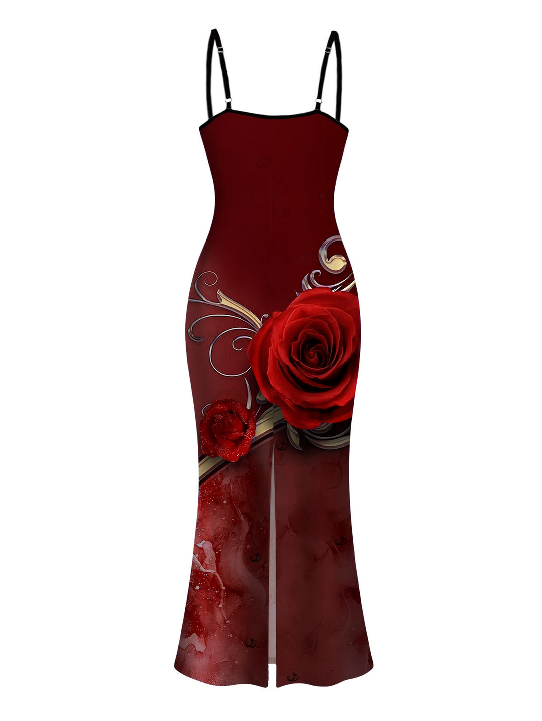 Rose Floral Metallic Gold Scroll Vine Print Spaghetti Strap Maxi Bodycon Vacation Dress