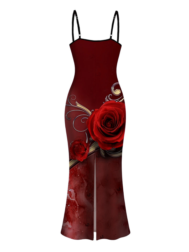 Rose Floral Metallic Gold Scroll Vine Print Spaghetti Strap Maxi Bodycon Vacation Dress
